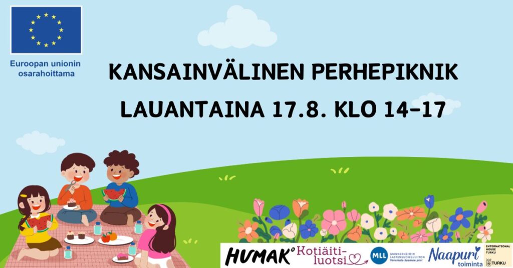 Piirroskuva, lapset istuvat piknikillä. Teksti: kansainvälinen perhepiknik lauantaina 17.8. kello 14-17. Tapahtuman järjestäjien logot.