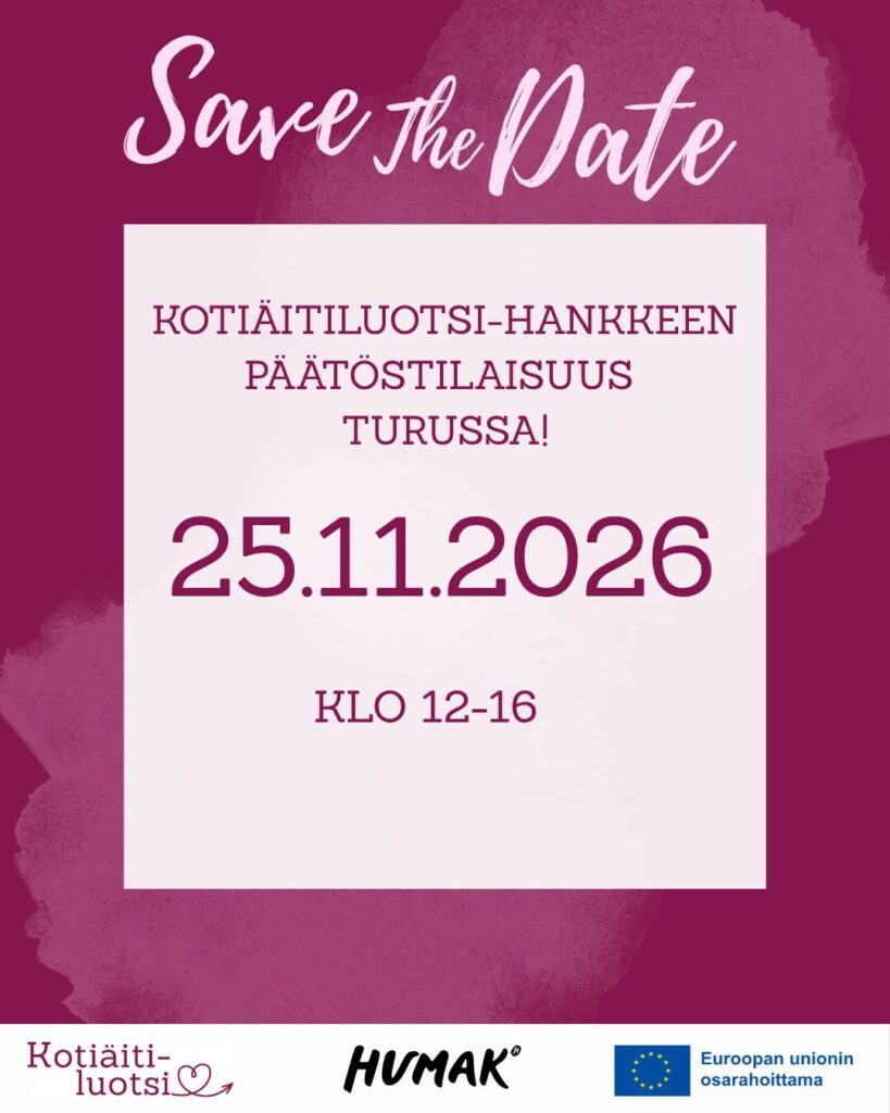 Mainoskuva violetilla grafiikalla "Save the date Kotiäitiluotsin päätöstilaisuus Turussa 25.11.2026 klo 12-16